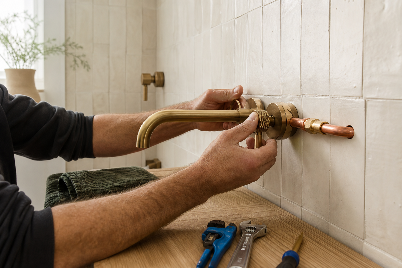 Precise installation of a brushed brass bathroom faucet